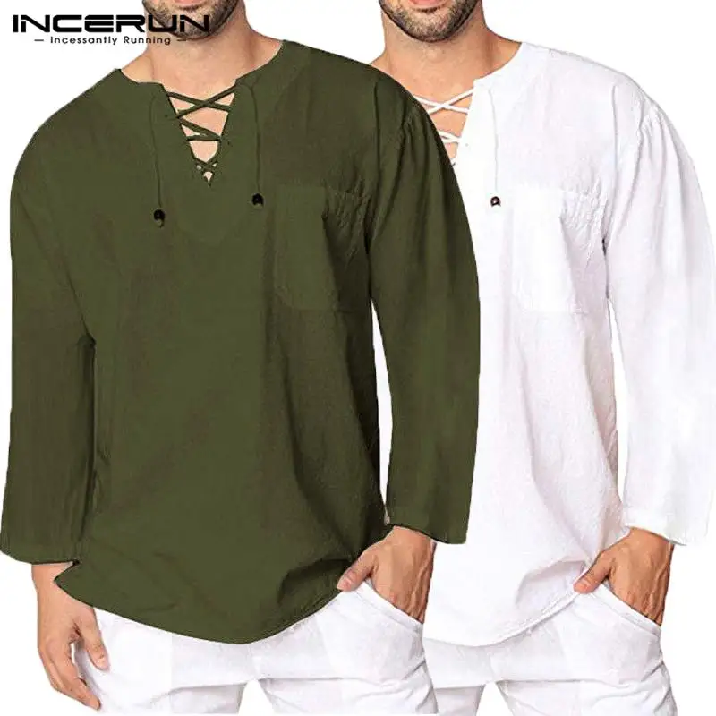 Streetwear Mens Shirts Bandage Lace Up V Neck Long Sleeve Tee Camisa Chemise Hombre Medieval Renaissance Fashion Men Clothing