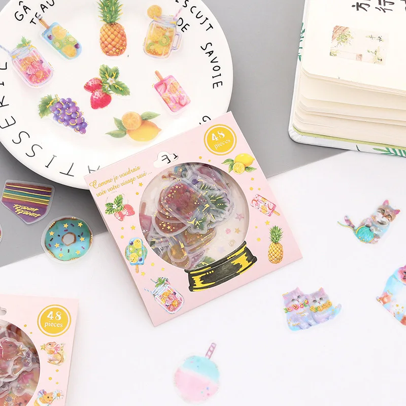 

48pcs/bag Gold Foil Stickers Kawaii Crystal Bulb Fruits Animals Dessert Adhesive Stickers For Kids Gift Diy Albums Scrapbooking