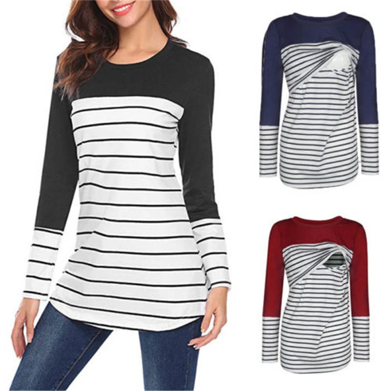 Pregnant Women Maternity Stripe T-Shirt Breastfeeding Tee Top Nursing Blouse