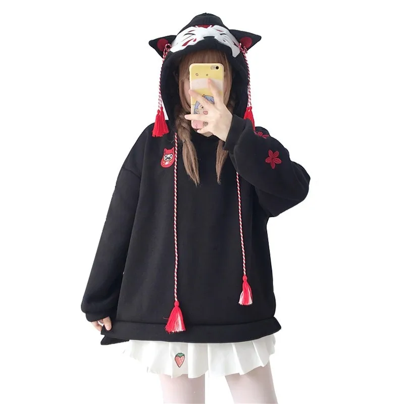 اليابانية لطيف الشارع أزياء النساء هوديس المتناثرة Kawaii الثعلب الأذن مقنعين البلوز ساكورا التطريز زائد المخملية البلوز قمم اليابانية لطيف الشارع أزياء النساء هوديس المتناثرة Kawaii الثعلب الأذن مقنعين البلوز ساكورا التطريز زائد المخملية البلوز قمم
