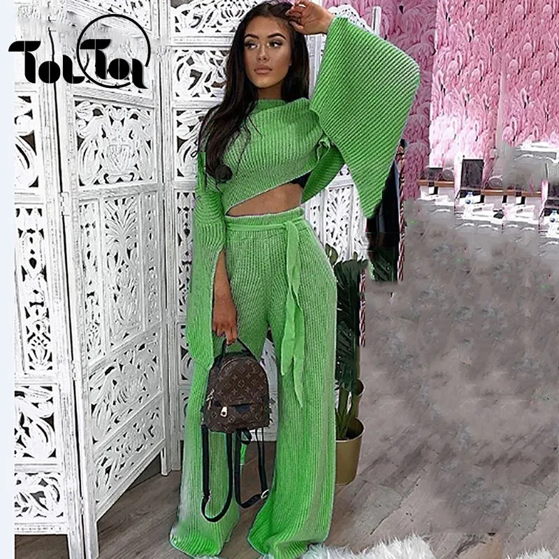 

Sexy Women Two Piece Suits Winter Side Split Long Sleeve Sweater And Pants Warm 2 Piece Casual Suit Clubwear Outfits