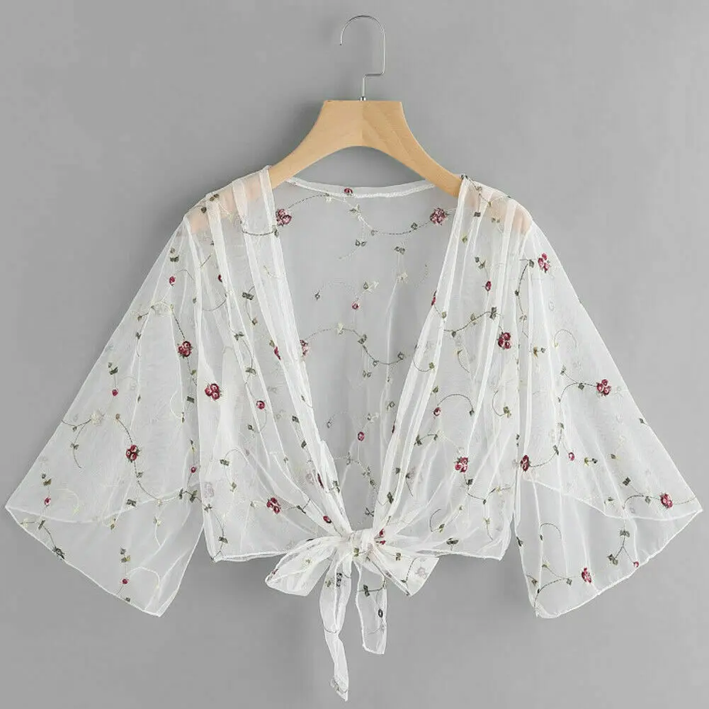 

Women Sunscreen Floral Bow Embroidery Cover Up Beachwear Long Sleeve Tops