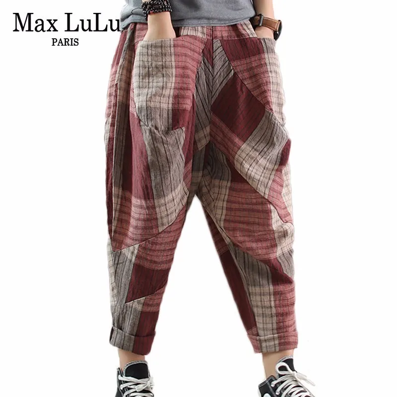 Женские льняные брюки Max LuLu летние Роскошные в Корейском стиле женские клетчатые