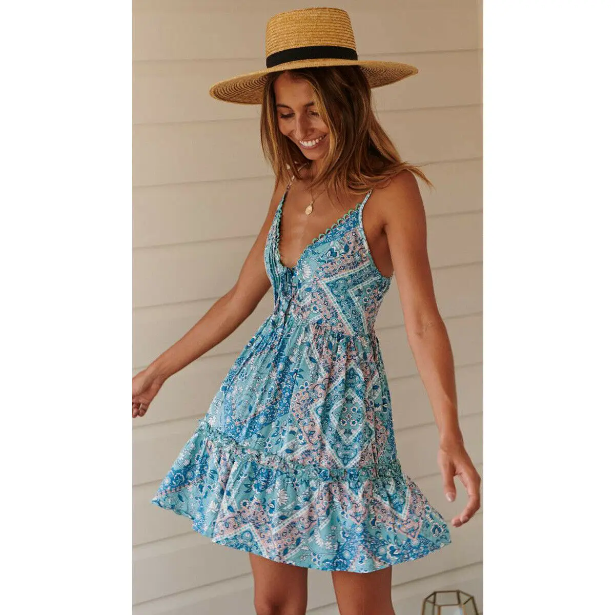 Женское платье с цветочным принтом Boho Пляжное мини треугольным вырезом летнее на