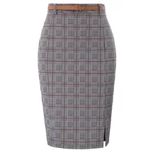 KK Womens Pin Up 50s Retro Business OL Plaid Hips-Wrapped Bodycon Pencil Skirts