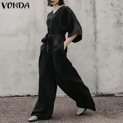 Комбинезоны женские Комбинезоны повседневные широкие брюки 2019 VONDA Осенние сексуальные с v-образным вырезом сзади полые пуговицы Бант пояс