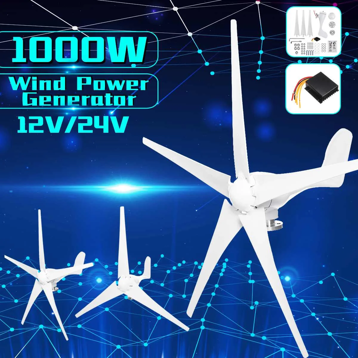 

1000W Wind Power Turbines Generator 12V 24V 3/5 Wind Blades Option With Waterproof Charge Controller Fit for Home Or Camping