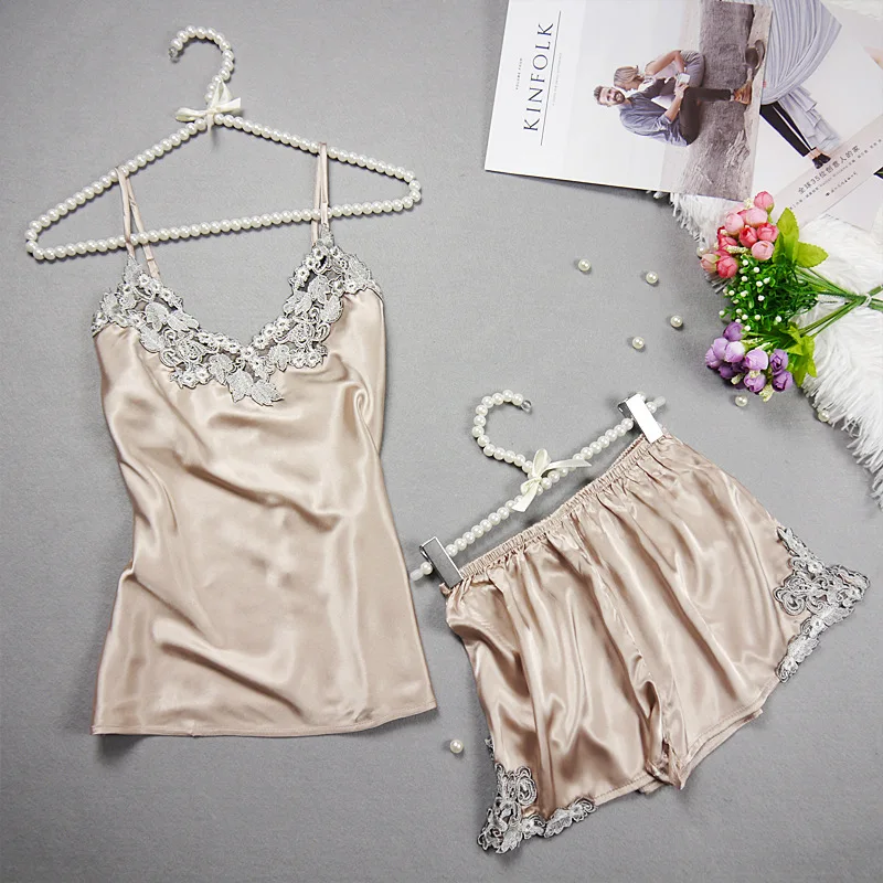 

Pijama Set Sexy Women Silk Nightwear 2 Piece Sling+shorts Embroidery Solid Summer Hot Lace Lingerie Mujer Fashion Sleepwear 2019