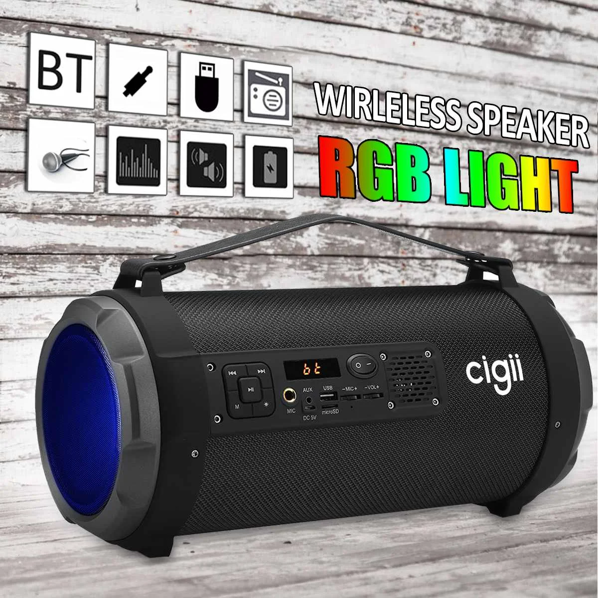 

CIGII Portable LED Light bluetooth Speaker Powerful Wireless Outdoor Speaker Camping Party Subwoofer Digital Surround Music Play