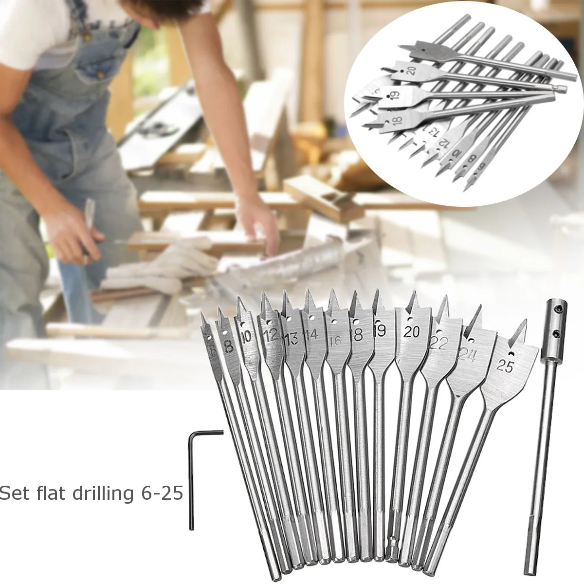 

15Pcs 6-25mm Rod wood spade drill bits Woodworking flat drill set Steel Wood Spade Drill Tool wood drilling set