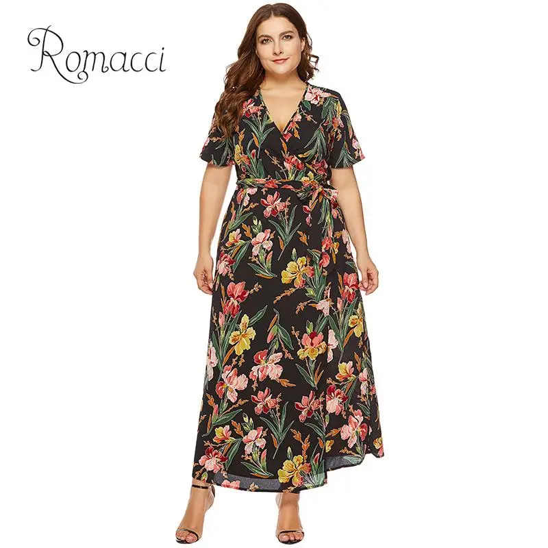

Romacci Sexy Women Chiffon Dress Deep V Neck Solid Slim Fit Belted Plus Size Dress XXXL 4XL 5XL 6XL Maxi Long Summer Dress 2019