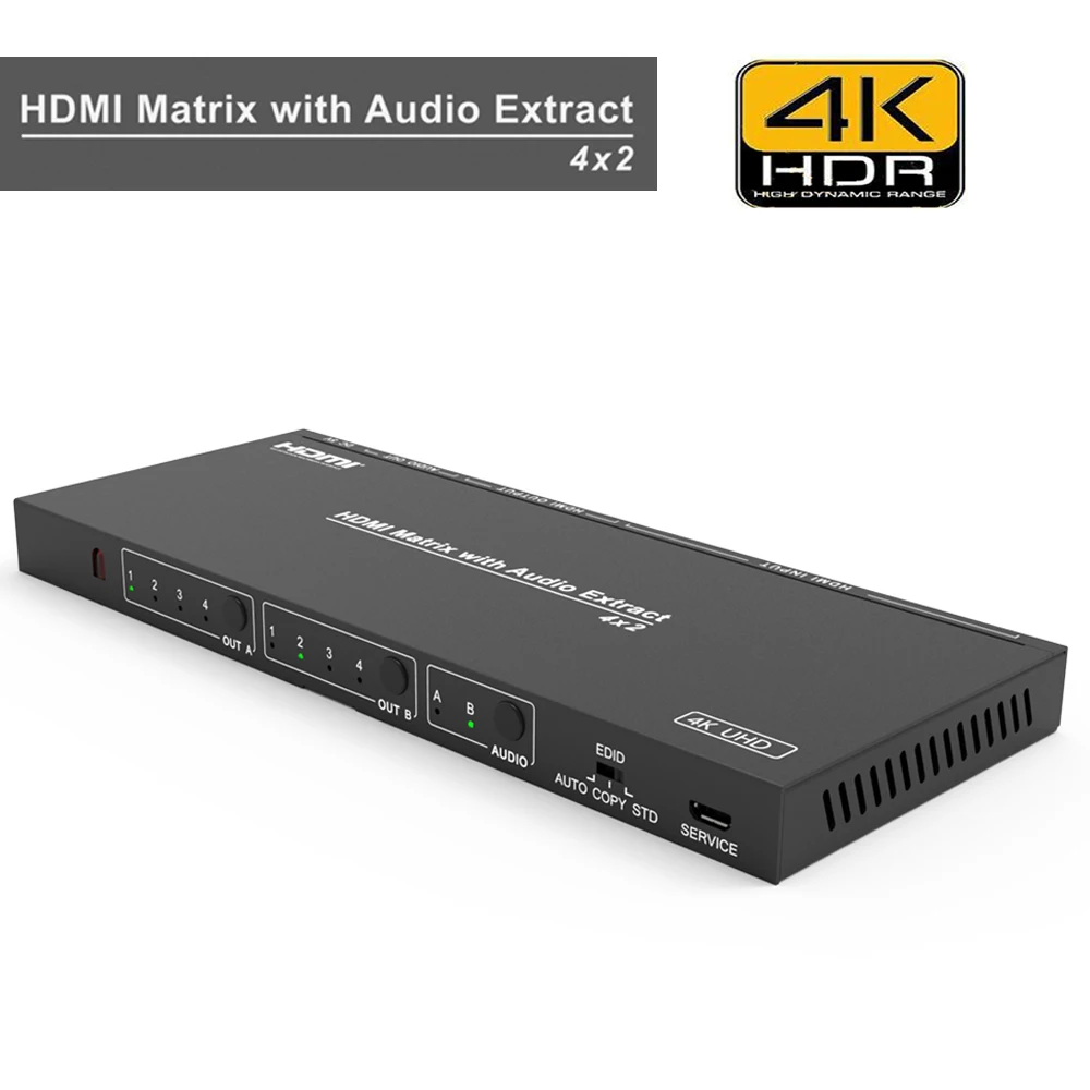 

4K UHD Converter 4x2 HDMI Matrix with Audio Extractor HDCP HDMI 1.4b Splitter Switch Optical L/R Digital Analog Audio extract