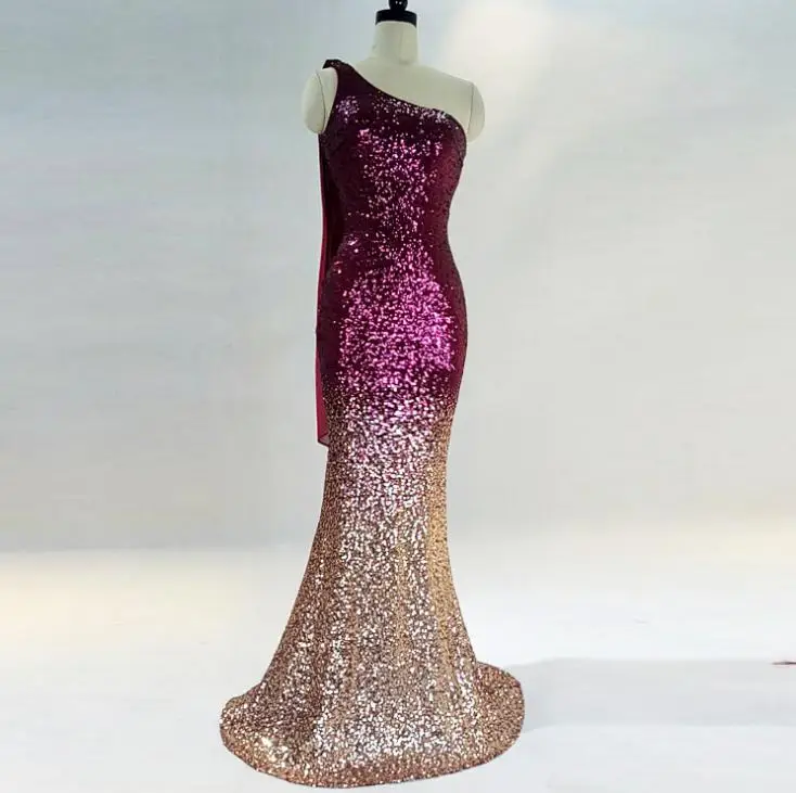 SVKSBEVS сексуальное длинное платье русалки с вырезом лодочкой и блестками, вечерние платья на одно плечо с градиентом, Платье макси с открытой спиной