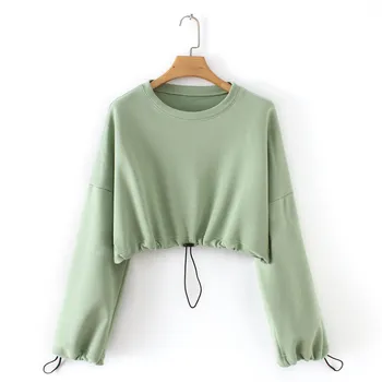 

2019 Ins Style Women Fashion Loose Tunic Hoodies Solid Cropped Top O Neck Pullover Sweatshirt