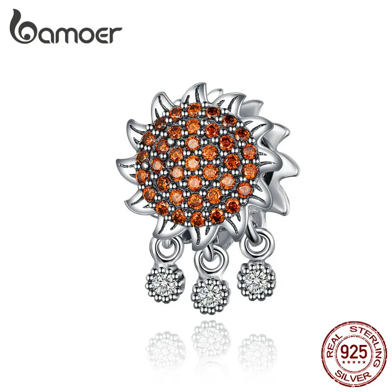 

BAMOER Sunflower Charm Authentic 925 Sterling Silver Red CZ Paved Flower Round Beads for Women Snake Bracelet Necklace SCC1190