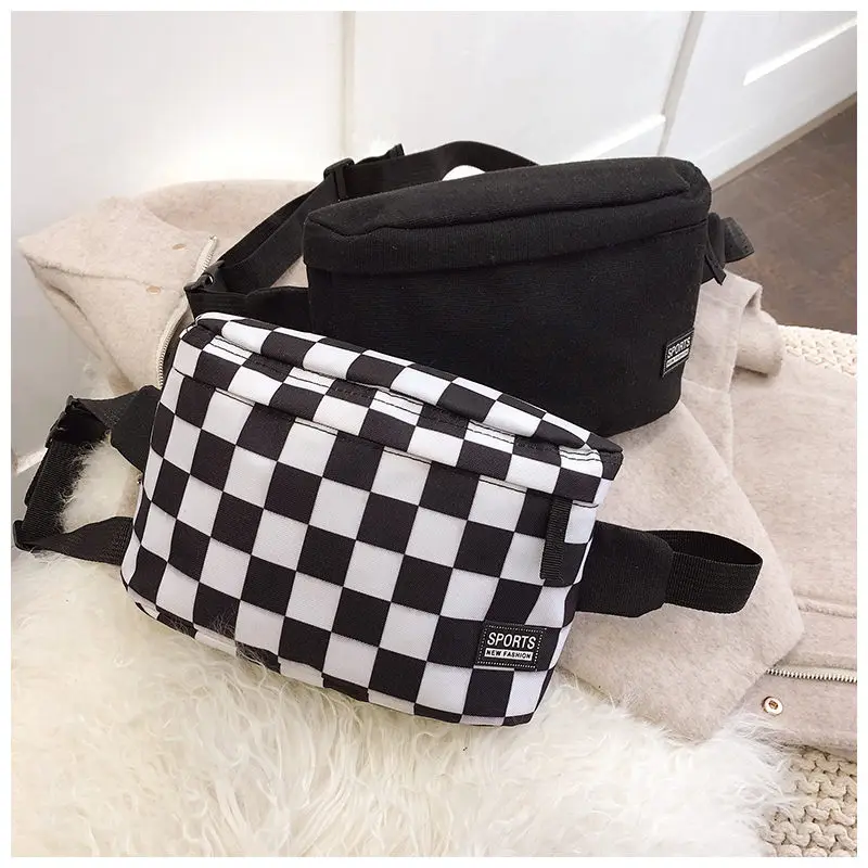 

New Men Women Casual Waist Pack Bag Brand Canvas Shoulder Fanny Packs Women Belt Bag Pouch Plaid Money Phone Black Bum Hip Bag