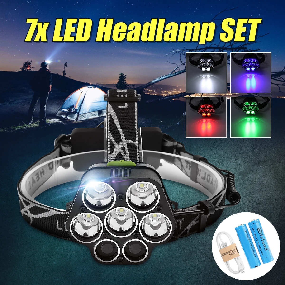 

Smuxi LED Headlamp 60000lm 7*T6 Headlight Bike Head Lamp Light 18650 Rechargeable Flashlight Torch Head RGBW Emitting Head Lamp