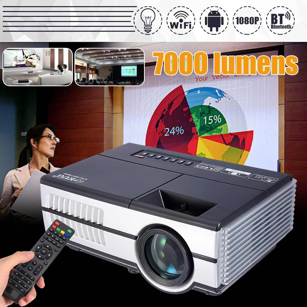 Max 7000Lumens 1080P Full HD LED Projector 3D Home Theater Cinema LCD Wireless HDMI AV/VGA/USB/SD/HDMI/TV Multimedia Beamer