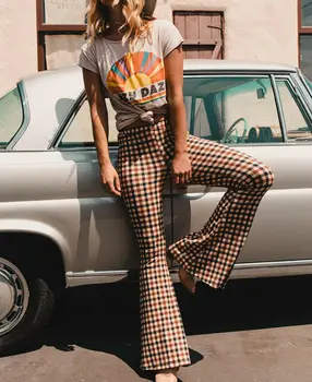 Vintage Plaid Bell-Bottom Trousers