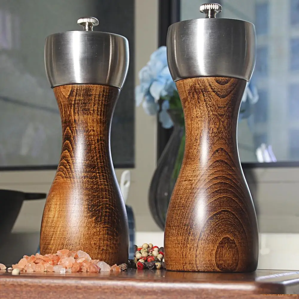 Wood Salt and Pepper Grinder Set With Holder Peppercorn & 