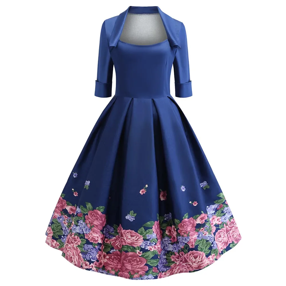 

Wipalo Spring Summer Denim Blue Turn-Down Collar 3/4 Sleeves A-Line Retro Vestidos Women Vintage A Line Flower Print Dress