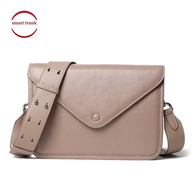 

Fashion First Layer Genuine Cow Leather Lady Envelop Clutch Purse Wide Belt Strap Female Shoulder Bag Women's Messenger Bag