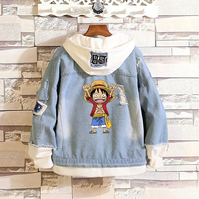  Anime One Piece denim bomber jacket ONE PIECE D Luffy Hooded Jeans Sweatshirt Unisex Ripped hole co