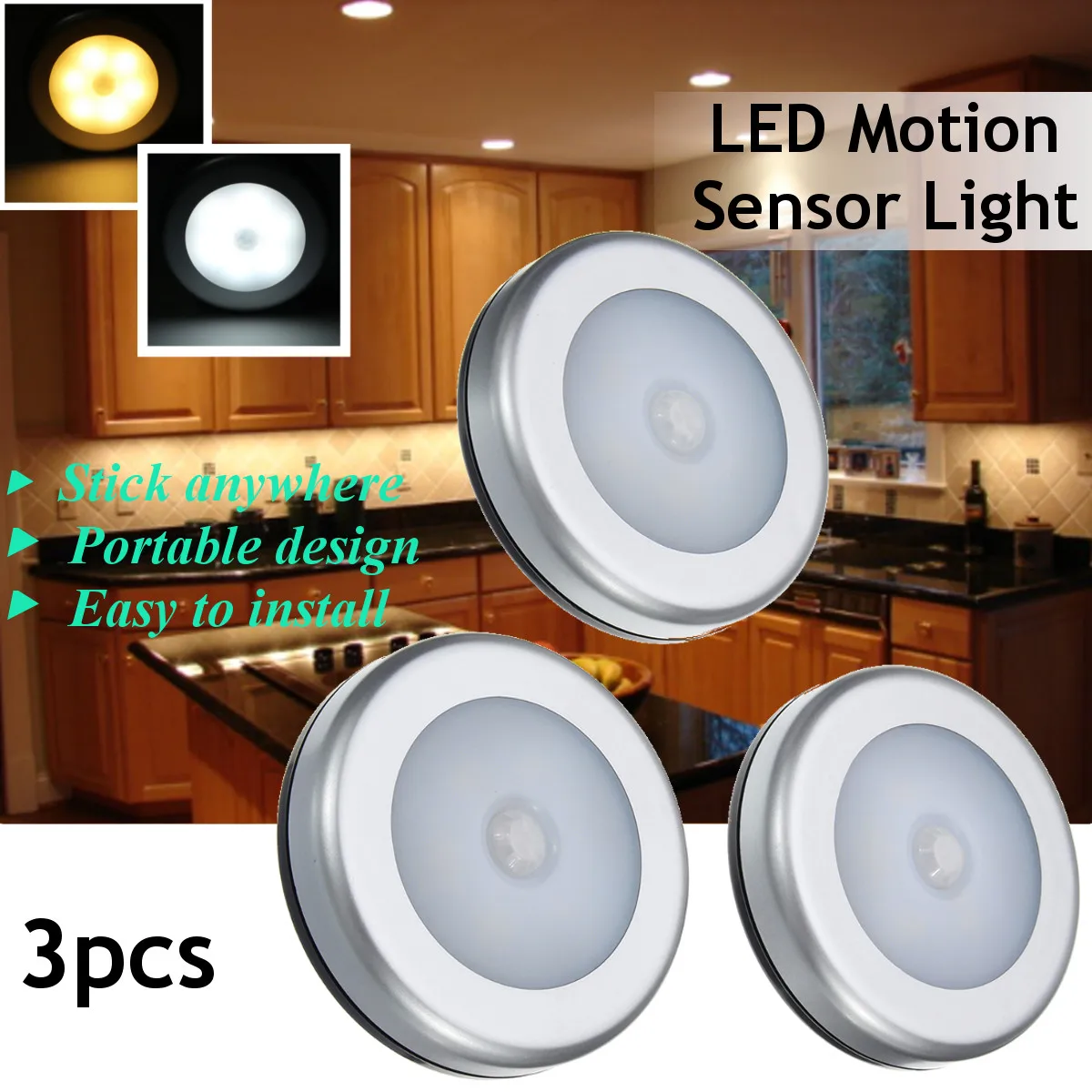 

3pcs Wireless Night Light PIR Motion Auto Sensor Wall Lamp Smart Motion Sensing 6 LED Lamp Light Battery Operated