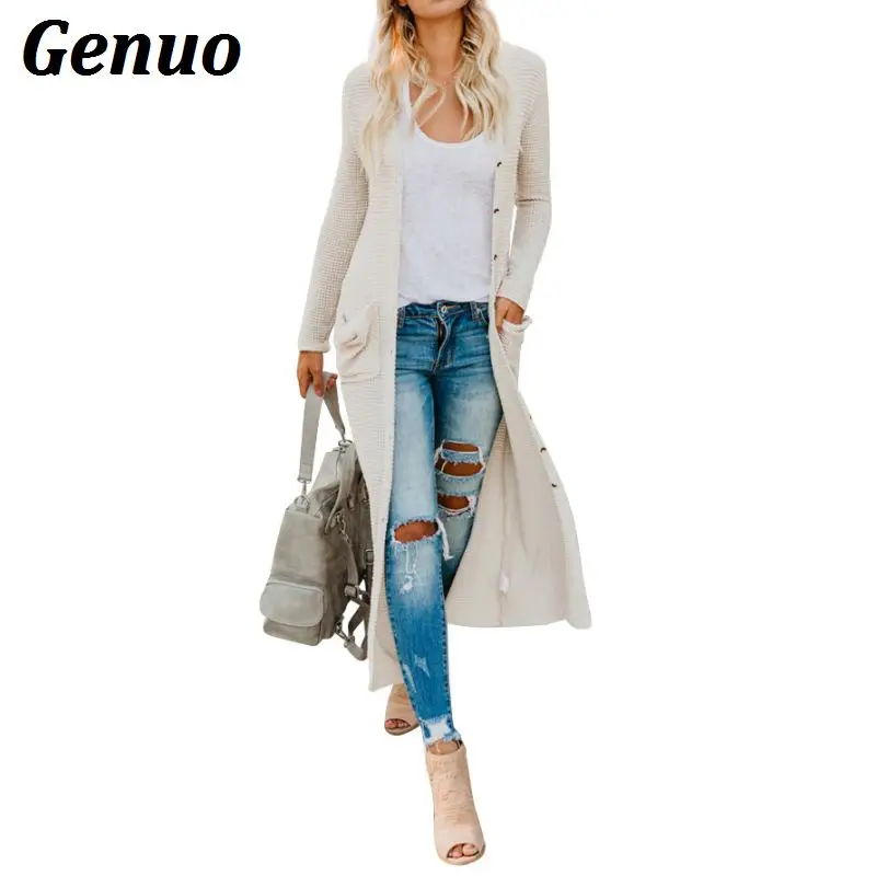 Winter Woman Sweater Cardigans Female Women Long Sweater Coat Knitting Long Sleeve Solid Button Pocket Long Coat Knitwear Genuo
