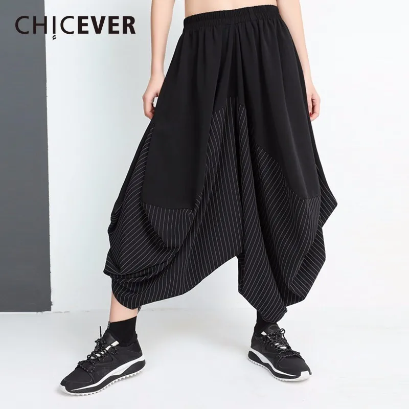 

CHICEVER Irregular Striped Patchwork Cross-pants High Elastic Waist Loose Big Size Ankle-Length Trousers For Women Casual New