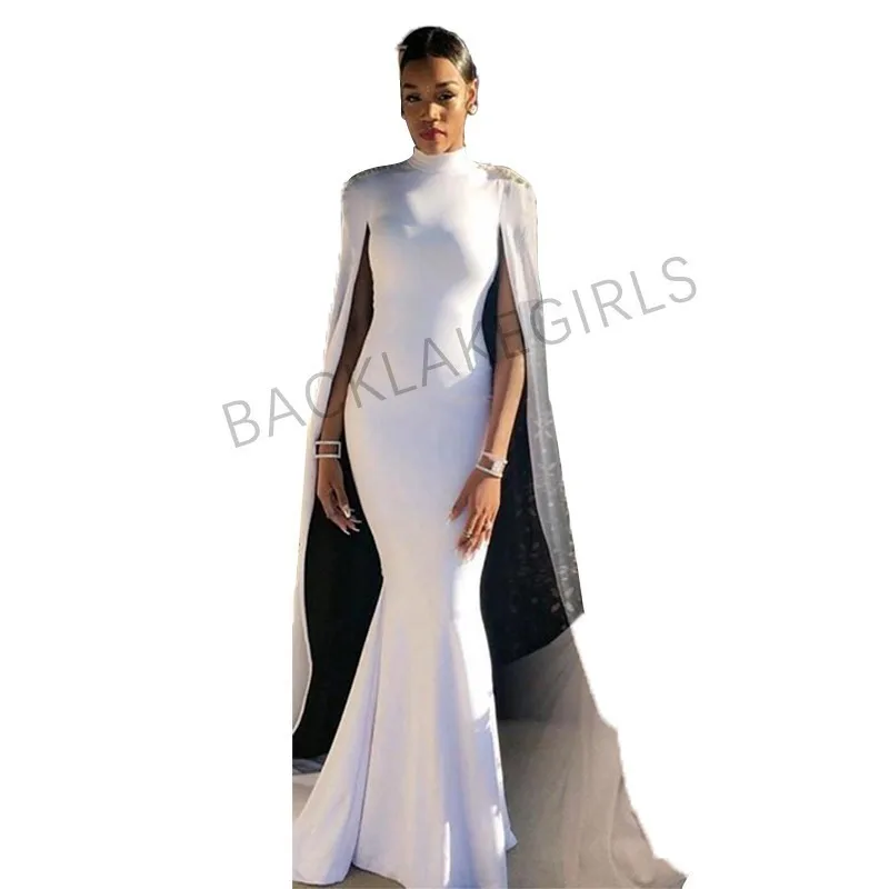 

2018 Elegant High Neck Mermaid Evening Dresses White Cape African Formal Evening Prom Gowns Party Dress Celebrity Dress