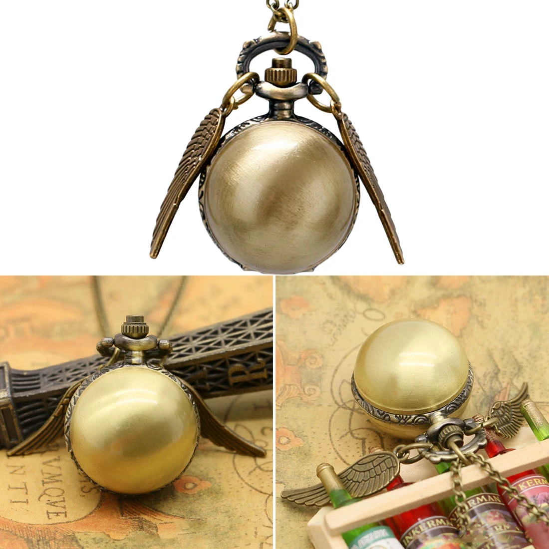 New Quartz Pocket Watch Antique Clock Classic Pocket Necklace Gifts Kids Golden Ball Wing Pocket Watch