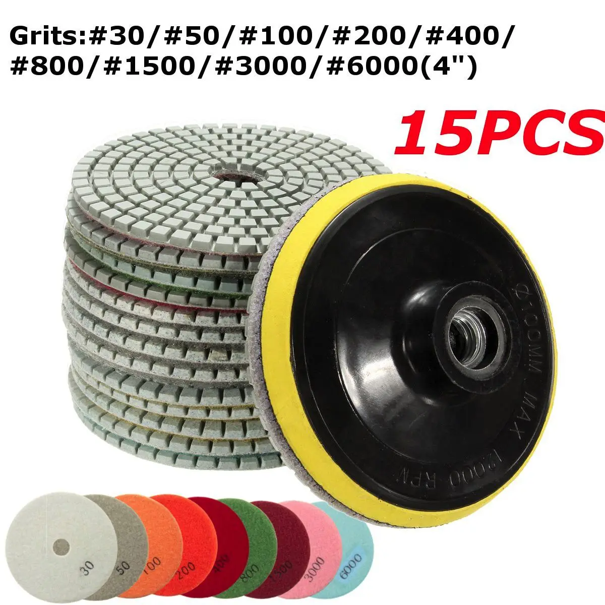 

100mm 14Pcs 4inch Wet Dry Diamond Polishing Pad Grit 30#50#100#200#400#800#1500#3000#6000#+M14 For Granite Concrete Stone Marble