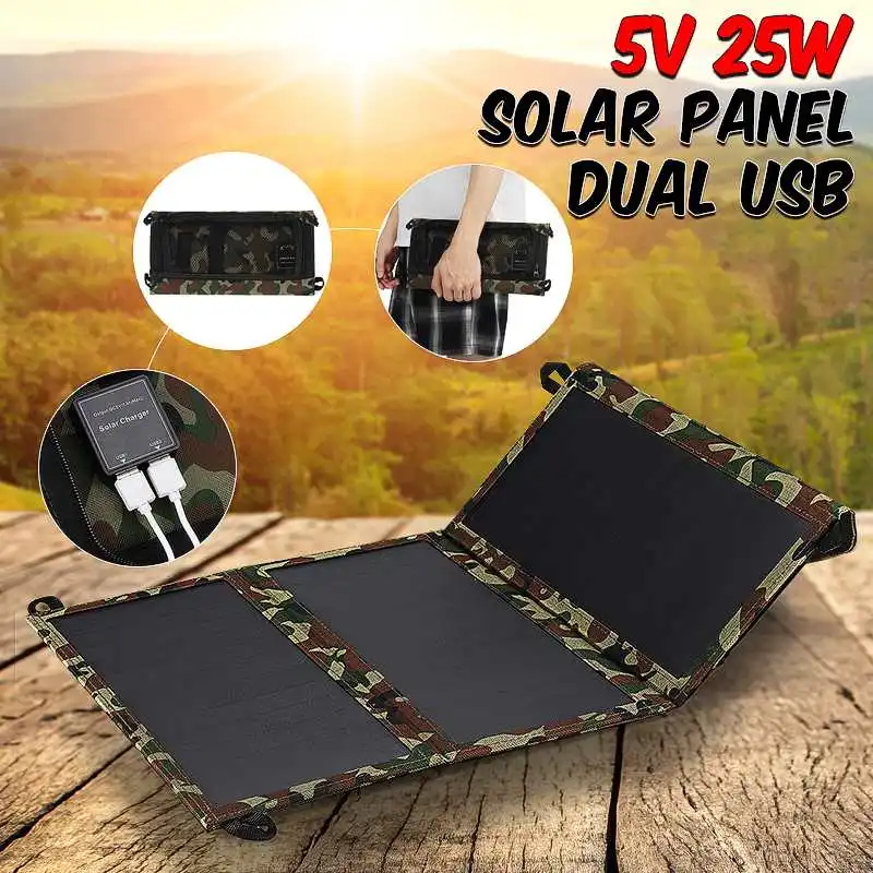 

Portable 25W 5V Solar Panel Folding Foldable Waterproof Charger Mobile Power Bank for Phone Battery Dual USB Port