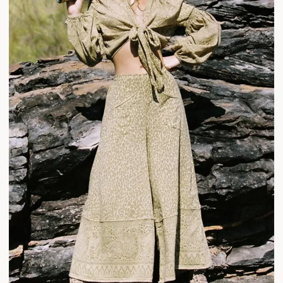 Женские широкие брюки Boho леопардовые с высокой талией свободные карманами и