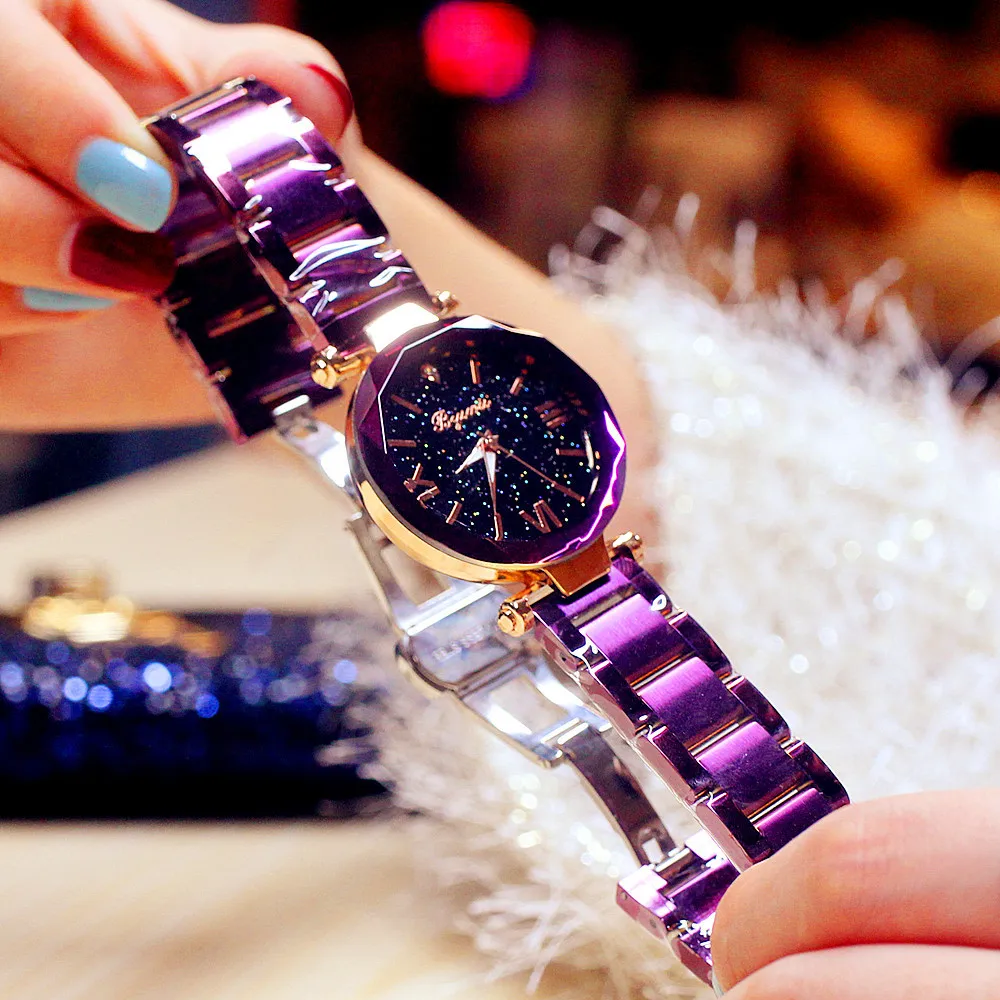 

Luxury Crystal Star Sky Women's Watch Gold Steel Belt Water Diamond Dail Bracelet Watch Polygon Gift Clock