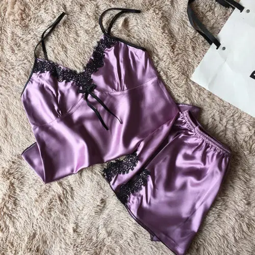 2 шт. Женская Сексуальная атласная пижама с кружевом нижнее белье Babydoll ночная