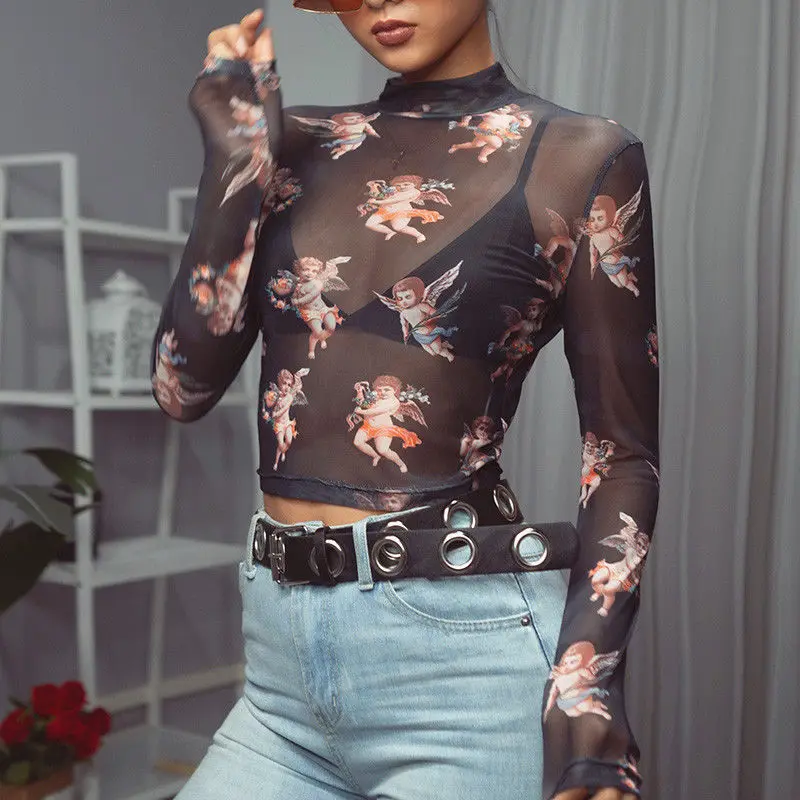 

Women Ladies Sheer Mesh Long Sleeve High Neck Crop Top See Through Mesh Fishnet Angel Clubwear Stretchy T Shirt Tops Black