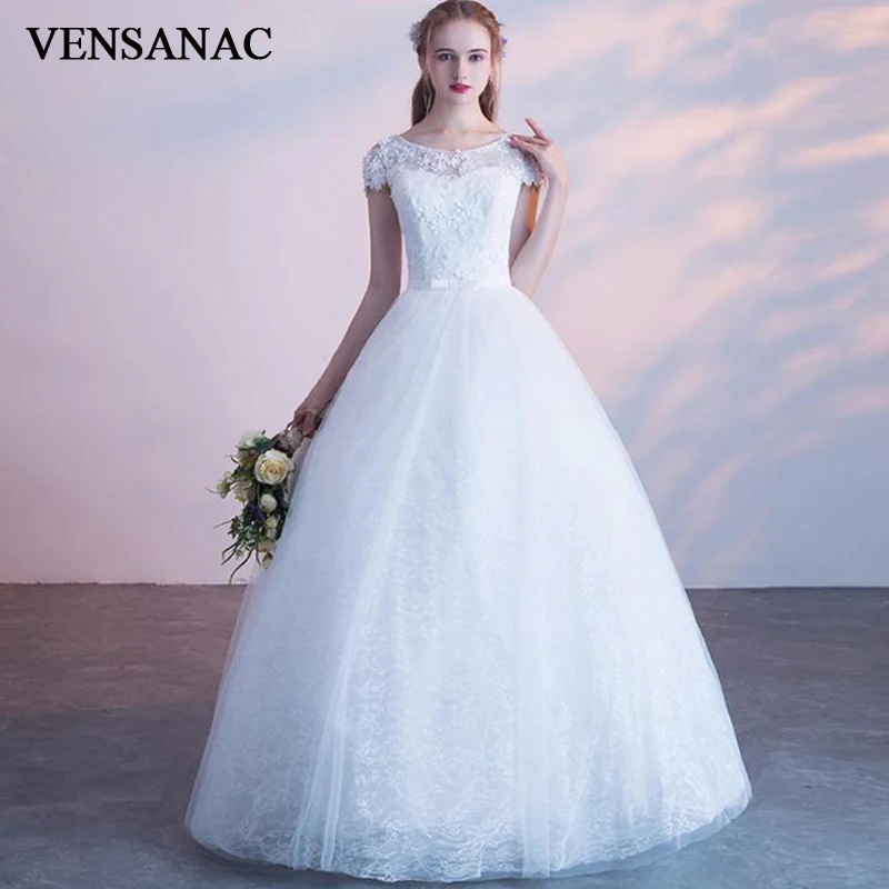 

Свадебное платье VENSANAC, бальное платье с круглым вырезом и бантом, кружевные цветочные аппликации, свадебные платья с короткими рукавами с глубоким вырезом на спине, 2019