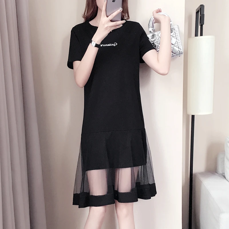 

XL-5XL Plus Size Mesh Dress Women Clothes Summer 2019 Print Short Sleeve T shirt Patchwork See through Mesh Ruffle Dresses