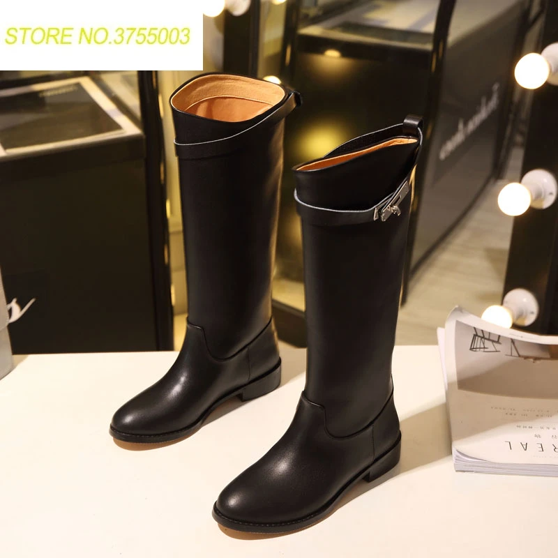 

2018 Stylish Winter knee high boots Women flat heel buckled strap shark lock round toe ladies knight long boots botas feminia