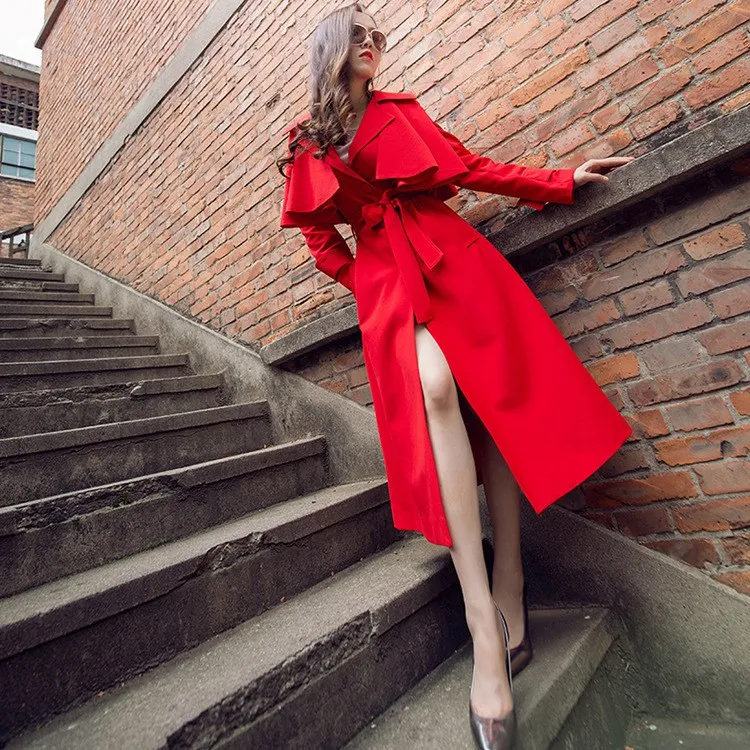 Split Sash Coupe Manteau Office De vent Ceinture Lanterne Down Lady Turn Élégant Manches coat Retour À Rouge Trench Causal Longues Col wU7O0