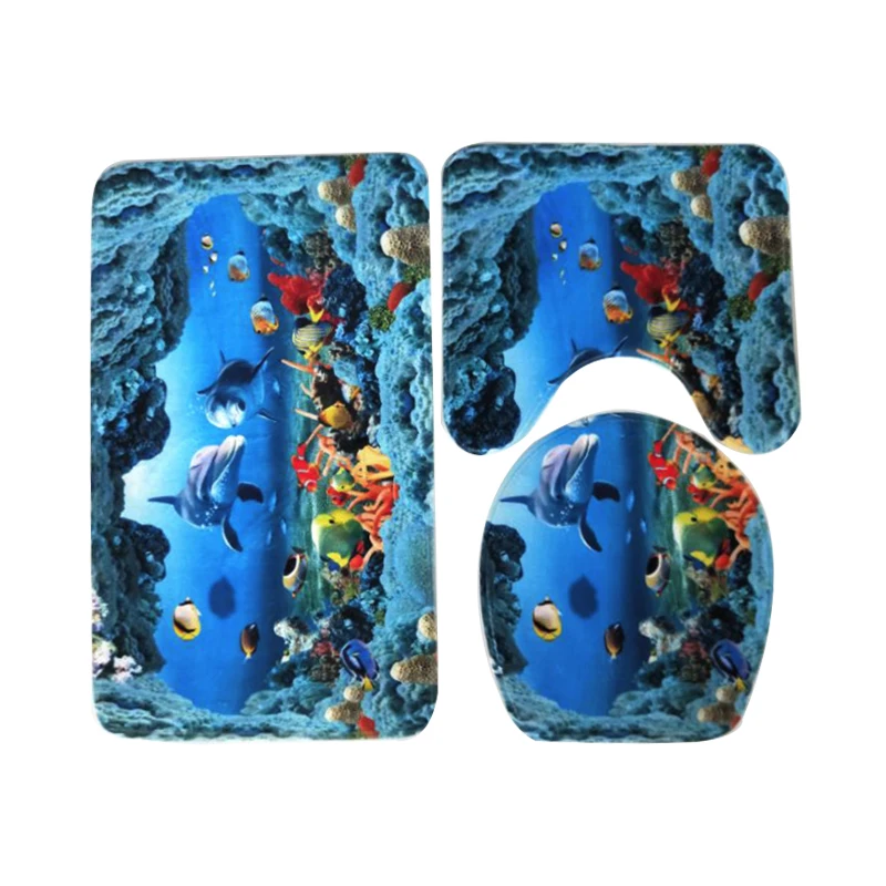 

3 Pcs Bath Mats Ocean Underwater World Anti Slip Bathroom Mat Set Coral Fleece Floor Bath Mats Washable Bathroom Toilet Rugs