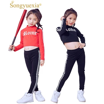 

Songyuexia Children Long Sleeve Hip Hop Modern dance Costumes Suit Girl Cheerleading show Clothing black red suit