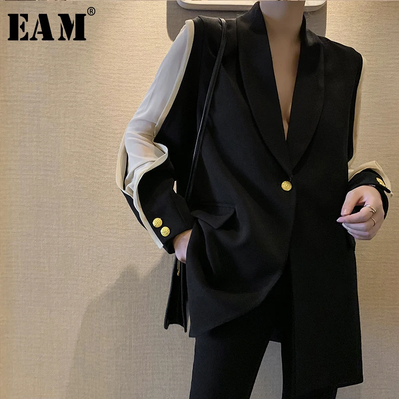 

[EAM] 2019 New Autumn Winter Lapel Long Sleeve Hit Color Split Joint Loose Temperament Jacket Women Coat Fashion Tide JU298