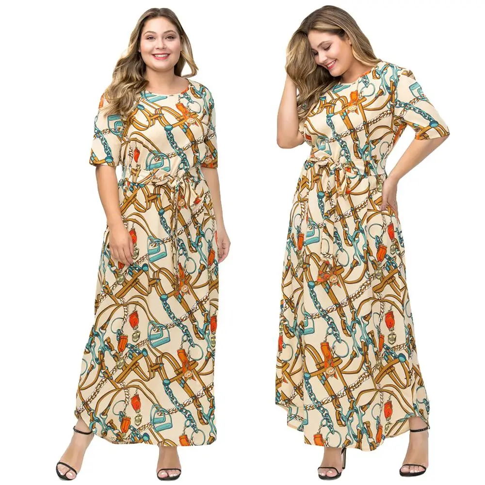 

Plus Size Chain Printed Maxi Long Dress Ethnic Style Women Boho Kaftan Arab Robe Abaya Short Sleeve Summer Dress O-neck Sash New