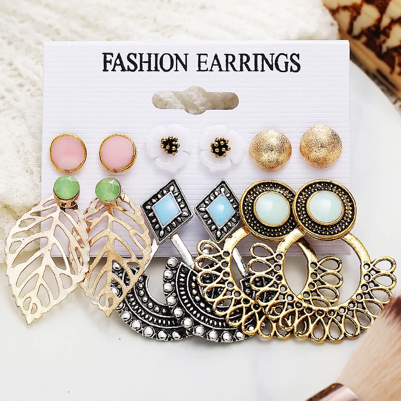 

Sale 6Pairs/Set Flower Fashion Leaf Bohemian Women Vintage Girls Earring Jewelry Party Pearl Earrings Girls Gifts