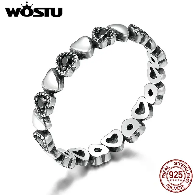 WOSTU Hot Sale 925 Sterling Silver Forever Love Heart, Black CZ Stackable Rings WOSTU Hot Sale 925 Sterling Silver Forever Love Heart, Black CZ Stackable Rings