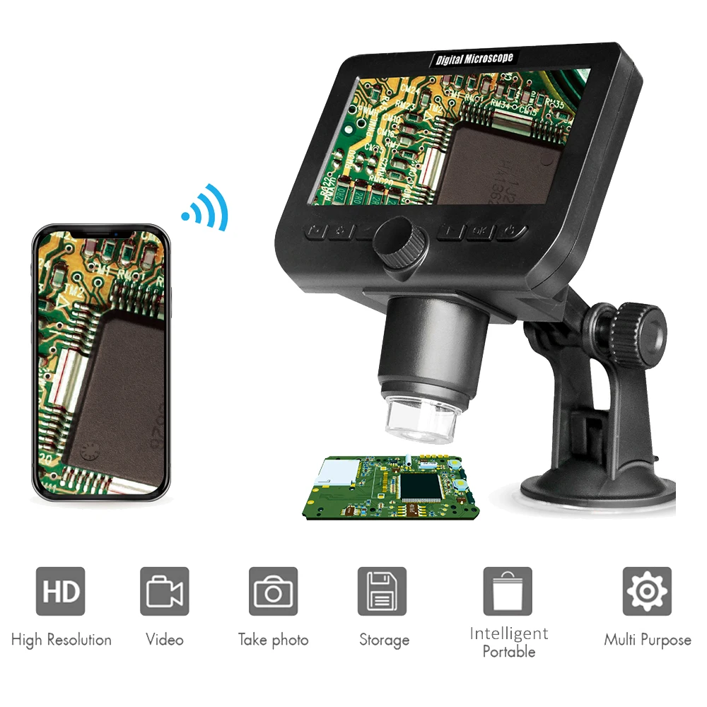 

inskam317 Microscope Wireless USB Microscope 4.3 Inch Screen Digital Microscope with 8 LED Lights Suction Cup Base