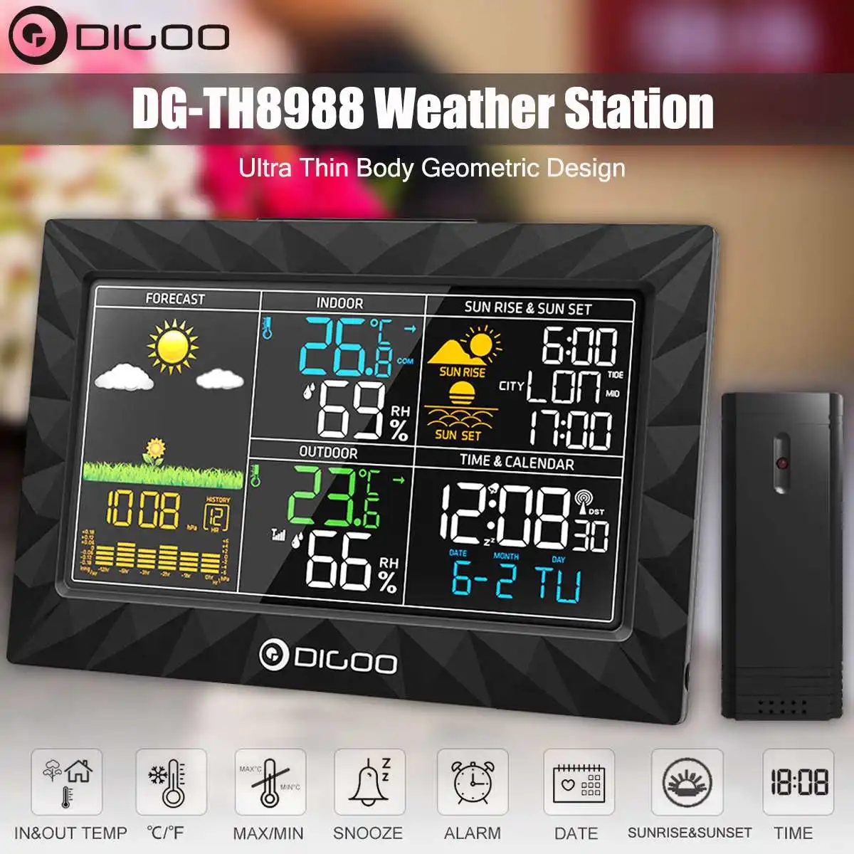 DIGOO DG TH8988 couleur Station météo + extérieur capteur à distance thermomètre hygromètre Snooze horloge lever du soleil coucher de soleil affichage | AliExpress